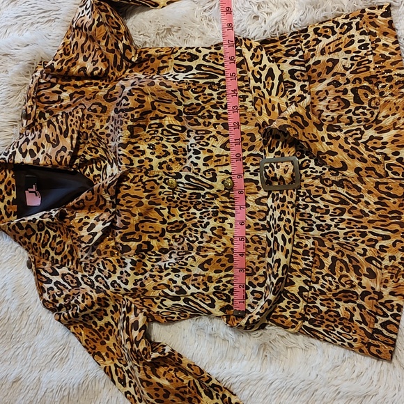 JL New York Sparkly Belted Trench Coat Gold Brown Cream Leopard Print Size Med - Picture 12 of 15